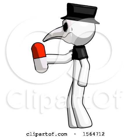 White Plague Doctor Man Holding Red Pill Walking to Left by Leo Blanchette