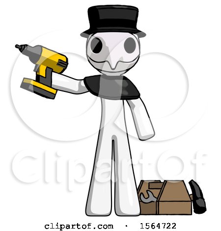 White Plague Doctor Man Holding Drill Ready to Work, Toolchest and Tools to Right by Leo Blanchette