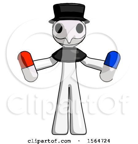 White Plague Doctor Man Holding a Red Pill and Blue Pill by Leo Blanchette