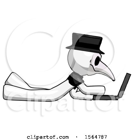 White Plague Doctor Man Using Laptop Computer While Lying on Floor Side View by Leo Blanchette