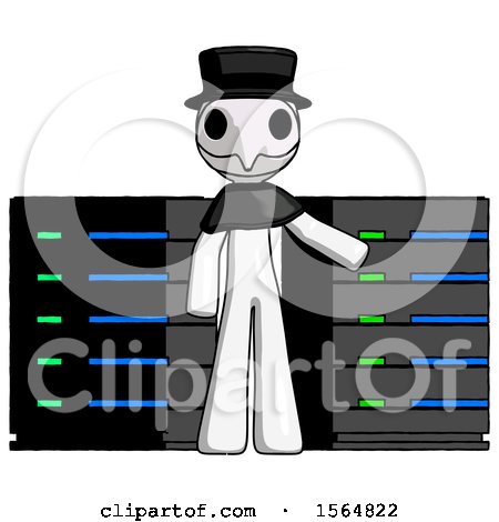 White Plague Doctor Man with Server Racks, in Front of Two Networked Systems by Leo Blanchette