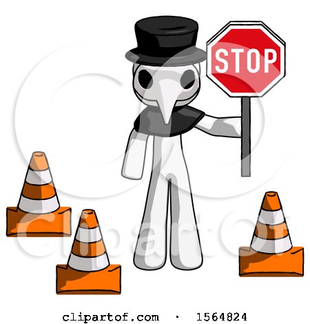 White Plague Doctor Man Holding Stop Sign by Traffic Cones Under Construction Concept by Leo Blanchette
