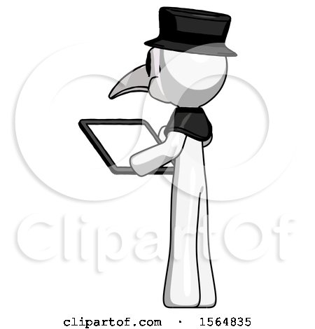 White Plague Doctor Man Looking at Tablet Device Computer with Back to Viewer by Leo Blanchette