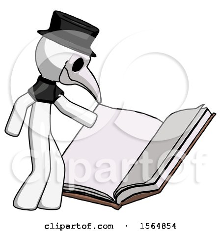 White Plague Doctor Man Reading Big Book While Standing Beside It by Leo Blanchette