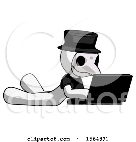 White Plague Doctor Man Using Laptop Computer While Lying on Floor Side Angled View by Leo Blanchette