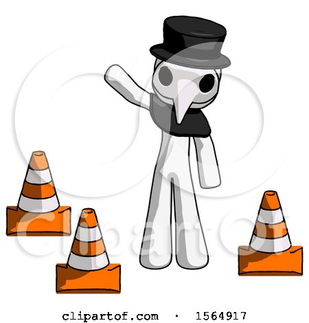 White Plague Doctor Man Standing by Traffic Cones Waving by Leo Blanchette