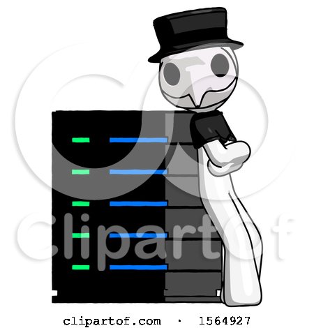 White Plague Doctor Man Resting Against Server Rack Viewed at Angle by Leo Blanchette