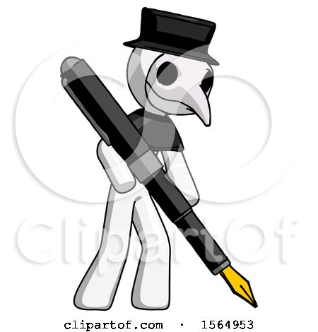 White Plague Doctor Man Drawing or Writing with Large Calligraphy Pen by Leo Blanchette