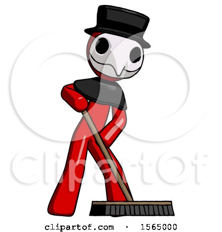 Red Plague Doctor Man Cleaning Services Janitor Sweeping Floor with Push Broom by Leo Blanchette