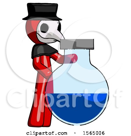 Red Plague Doctor Man Standing Beside Large Round Flask or Beaker by Leo Blanchette