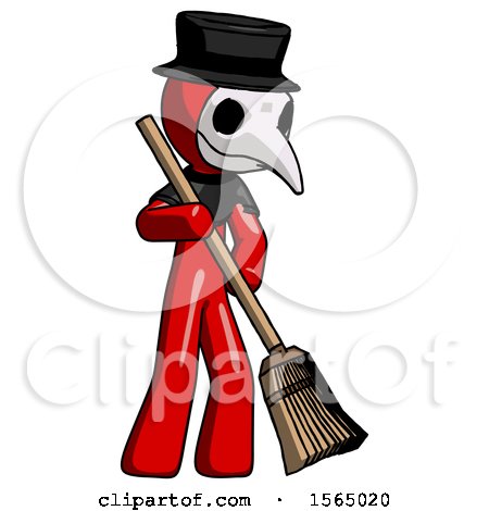 Red Plague Doctor Man Sweeping Area with Broom by Leo Blanchette