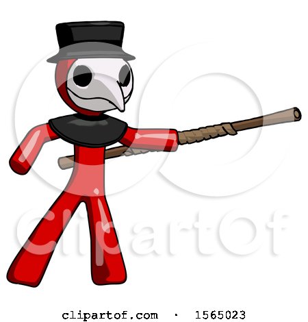 Red Plague Doctor Man Bo Staff Pointing Right Kung Fu Pose by Leo Blanchette