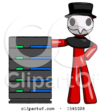 Red Plague Doctor Man with Server Rack Leaning Confidently Against It by Leo Blanchette