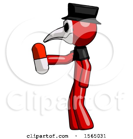 Red Plague Doctor Man Holding Red Pill Walking to Left by Leo Blanchette