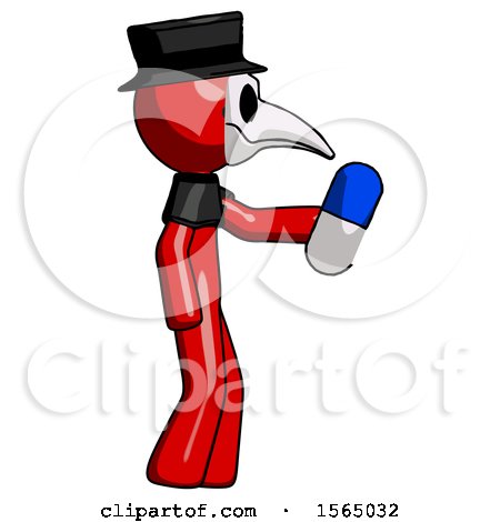 Red Plague Doctor Man Holding Blue Pill Walking to Right by Leo Blanchette