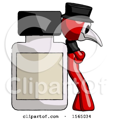 Red Plague Doctor Man Leaning Against Large Medicine Bottle by Leo Blanchette