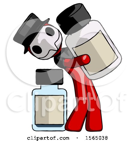 Red Plague Doctor Man Holding Large White Medicine Bottle with Bottle in Background by Leo Blanchette