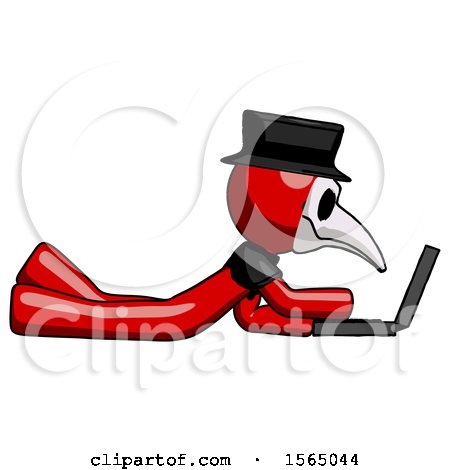Red Plague Doctor Man Using Laptop Computer While Lying on Floor Side View by Leo Blanchette