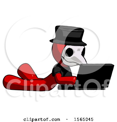 Red Plague Doctor Man Using Laptop Computer While Lying on Floor Side Angled View by Leo Blanchette