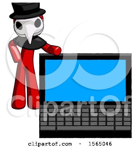 Red Plague Doctor Man Beside Large Laptop Computer, Leaning Against It by Leo Blanchette