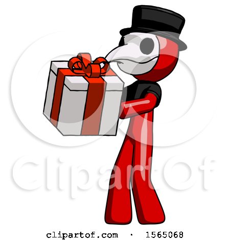 Red Plague Doctor Man Presenting a Present with Large Red Bow on It by Leo Blanchette