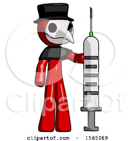 Red Plague Doctor Man Holding Large Syringe by Leo Blanchette