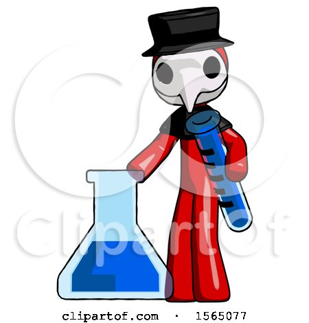 Red Plague Doctor Man Holding Test Tube Beside Beaker or Flask by Leo Blanchette