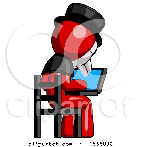 Red Plague Doctor Man Using Laptop Computer While Sitting in Chair View from Back by Leo Blanchette