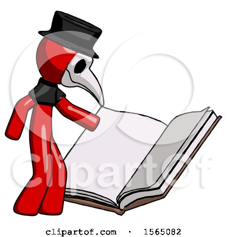 Red Plague Doctor Man Reading Big Book While Standing Beside It by Leo Blanchette