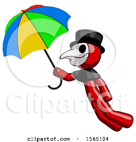 Red Plague Doctor Man Flying with Rainbow Colored Umbrella by Leo Blanchette