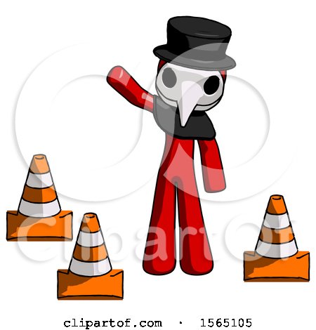 Red Plague Doctor Man Standing by Traffic Cones Waving by Leo Blanchette