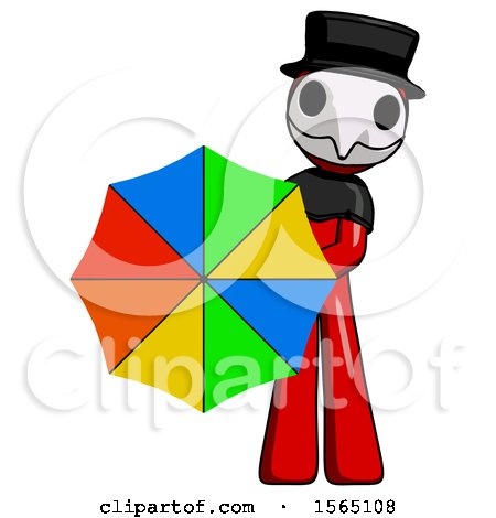 Red Plague Doctor Man Holding Rainbow Umbrella out to Viewer by Leo Blanchette