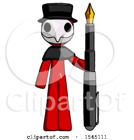 Red Plague Doctor Man Holding Giant Calligraphy Pen by Leo Blanchette