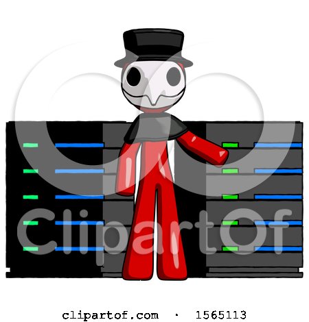 Red Plague Doctor Man with Server Racks, in Front of Two Networked Systems by Leo Blanchette