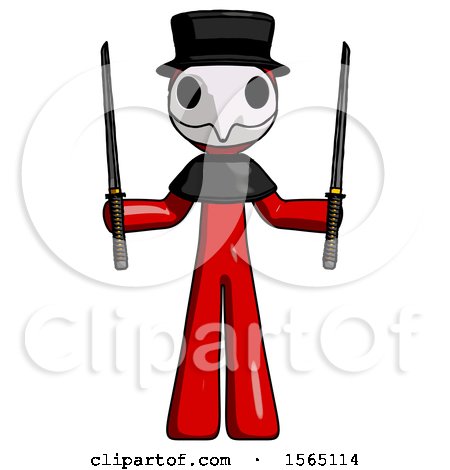 Red Plague Doctor Man Posing with Two Ninja Sword Katanas up by Leo Blanchette