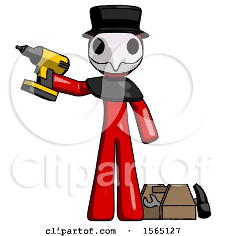 Red Plague Doctor Man Holding Drill Ready to Work, Toolchest and Tools to Right by Leo Blanchette