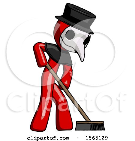 Red Plague Doctor Man Cleaning Services Janitor Sweeping Side View by Leo Blanchette