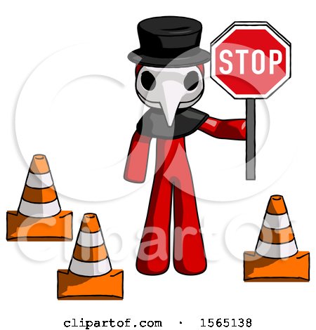 Red Plague Doctor Man Holding Stop Sign by Traffic Cones Under Construction Concept by Leo Blanchette
