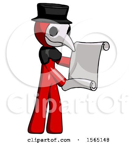 Red Plague Doctor Man Holding Blueprints or Scroll by Leo Blanchette