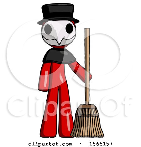 Red Plague Doctor Man Standing with Broom Cleaning Services by Leo Blanchette