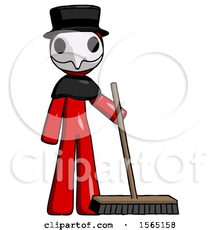 Red Plague Doctor Man Standing with Industrial Broom by Leo Blanchette
