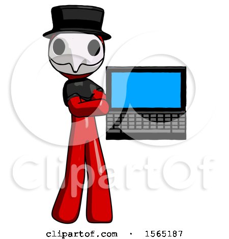 Red Plague Doctor Man Holding Laptop Computer Presenting Something on Screen by Leo Blanchette