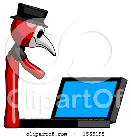 Red Plague Doctor Man Using Large Laptop Computer Side Orthographic View by Leo Blanchette