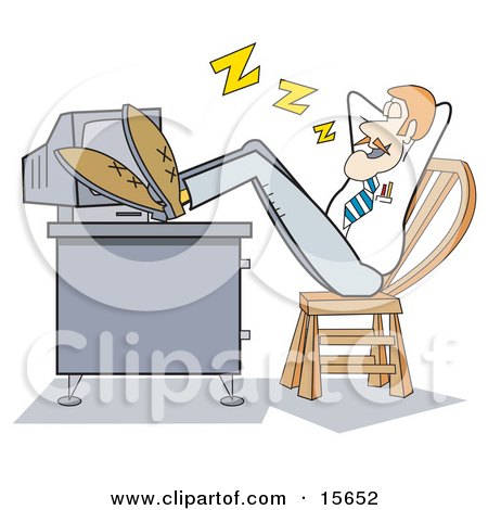 Lazy Businessman With His Feet Up On His Computer Desk And Leaning Back In His Chair While Sleeping At The Office Clipart Illustration by Andy Nortnik