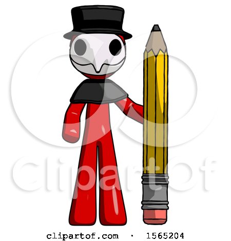 Red Plague Doctor Man with Large Pencil Standing Ready to Write by Leo Blanchette