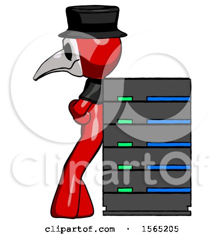 Red Plague Doctor Man Resting Against Server Rack by Leo Blanchette