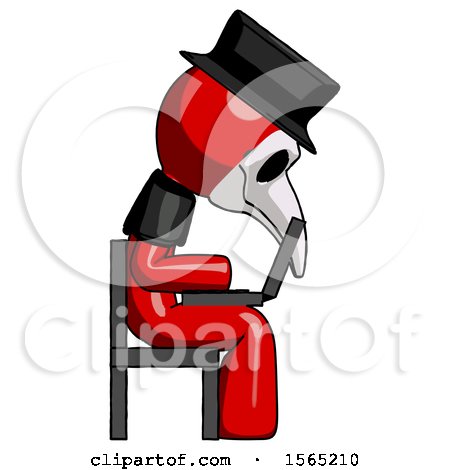 Red Plague Doctor Man Using Laptop Computer While Sitting in Chair View from Side by Leo Blanchette