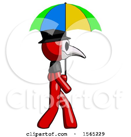 Red Plague Doctor Man Walking with Colored Umbrella by Leo Blanchette
