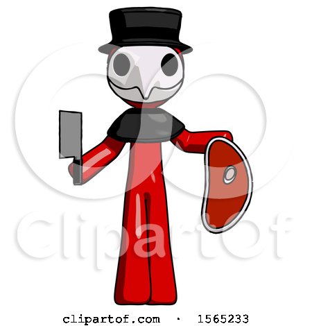Red Plague Doctor Man Holding Large Steak with Butcher Knife by Leo Blanchette