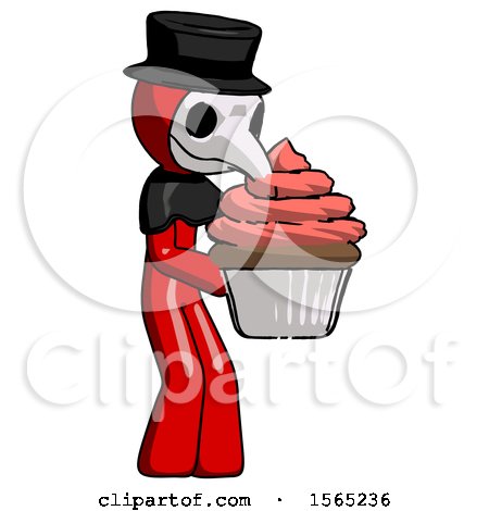 Red Plague Doctor Man Holding Large Cupcake Ready to Eat or Serve by Leo Blanchette